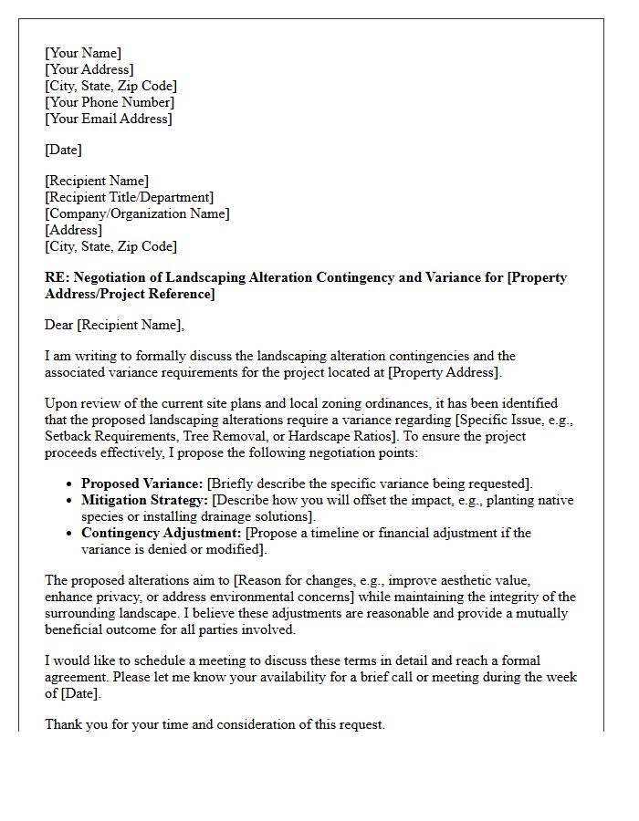 Landscaping Alteration Contingency Variance Negotiation Letter