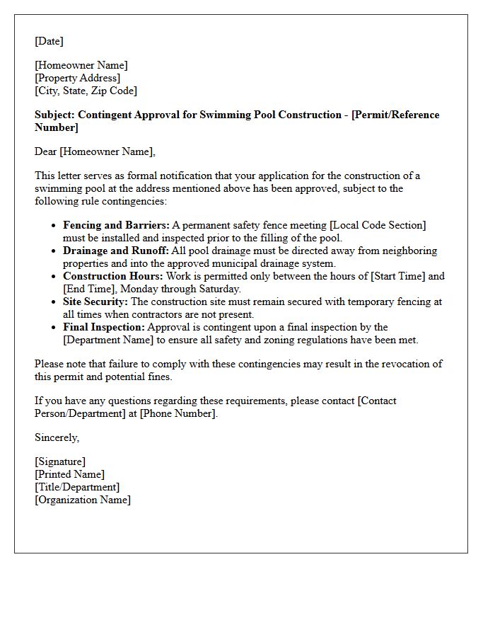 Swimming Pool Construction Rule Contingency Approval Letter