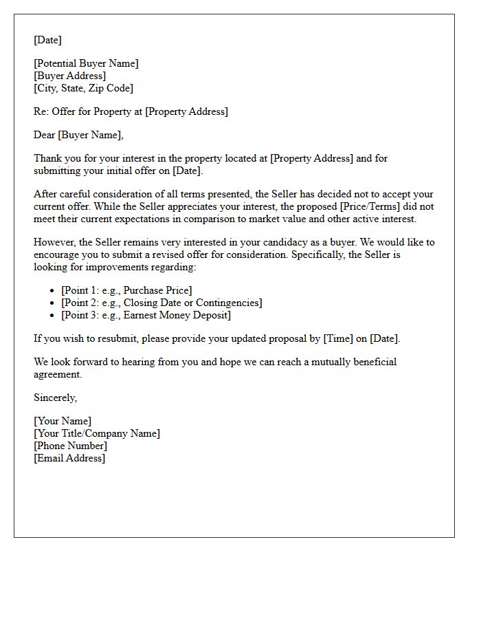 Initial Real Estate Bid Rejection and Resubmission Encouragement Letter