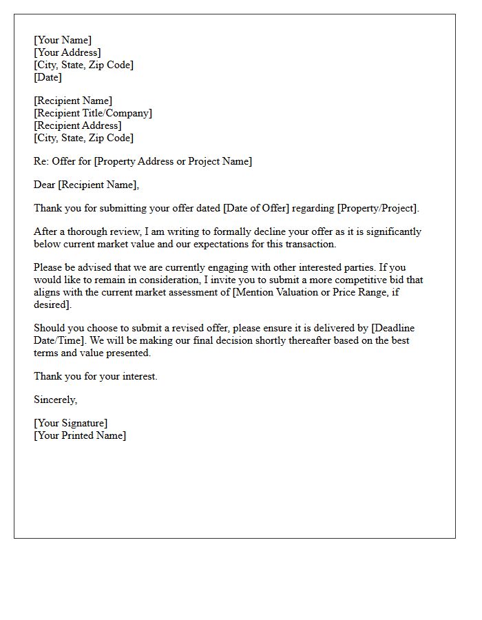 Below Market Offer Rejection and Competitive Bid Request Letter