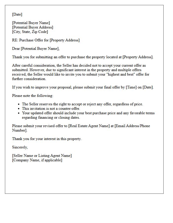 Residential Purchase Offer Rejection and Highest Bid Invitation Letter