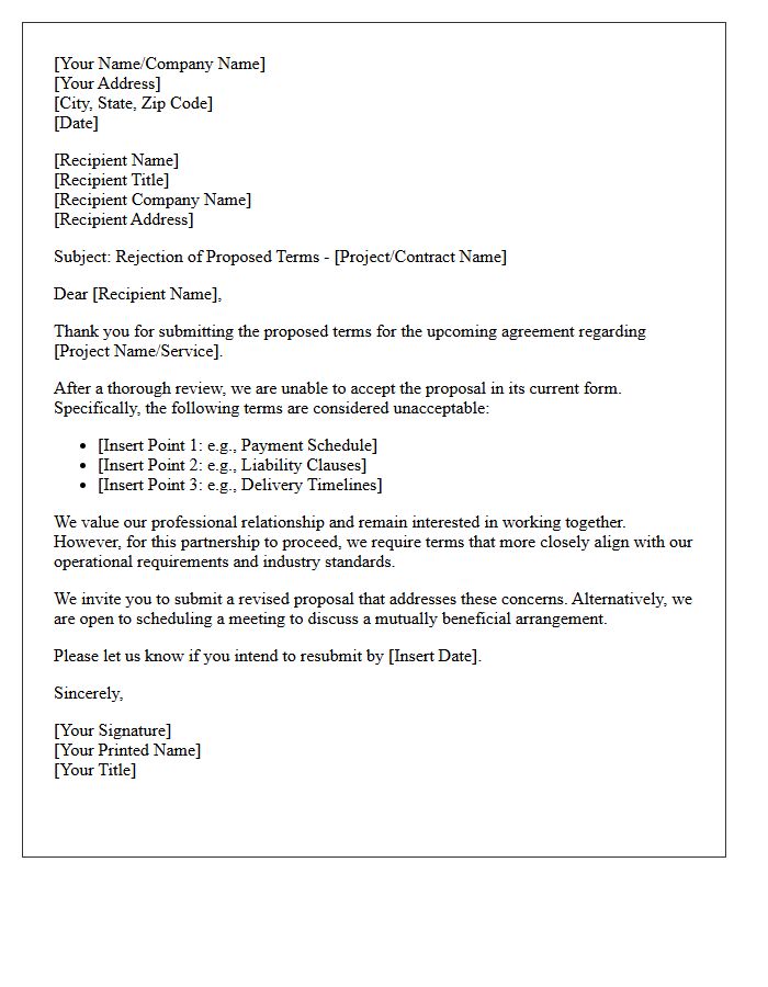 Unacceptable Terms Rejection and Resubmission Invitation Letter