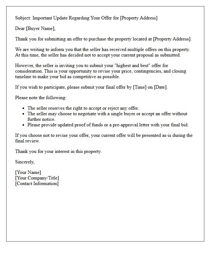 Multiple Offer Scenario Rejection and Final Bid Invitation Letter