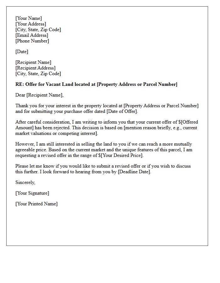 Vacant Land Bid Rejection and Revised Offer Request Letter