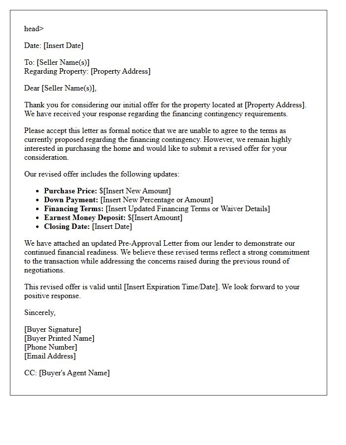 Financing Contingency Rejection and Revised Offer Resubmission Letter