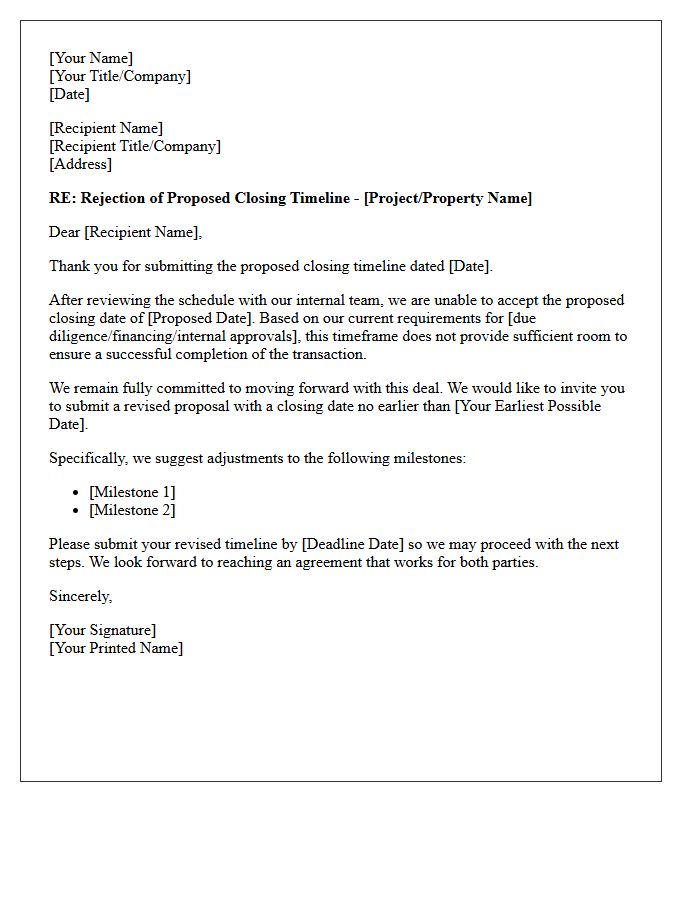 Closing Timeline Rejection and Revised Proposal Invitation Letter