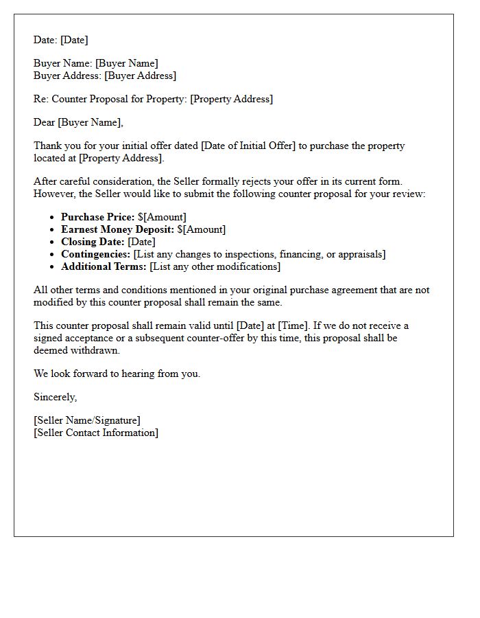 Seller Counter Proposal and Initial Offer Rejection Letter