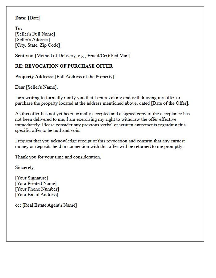 Letter of Revocation for Real Estate Purchase Offer
