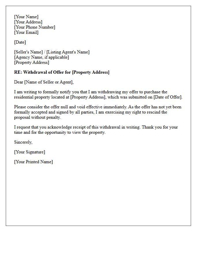 Official Offer Withdrawal Letter for Residential Property