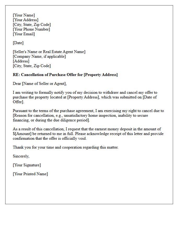 Letter of Cancellation for Property Purchase Offer