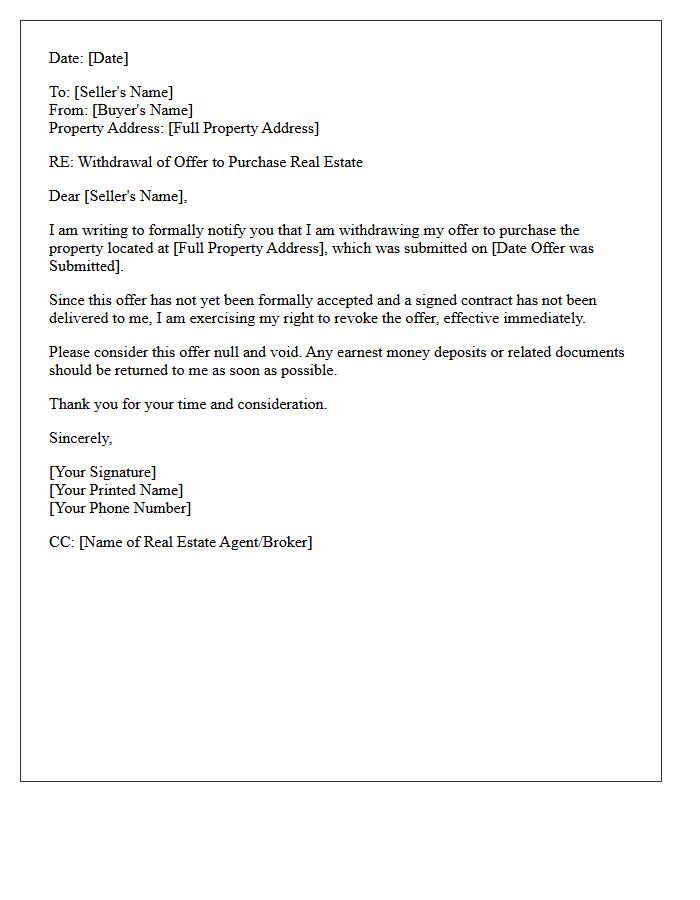 Letter Withdrawing Offer to Purchase Real Estate