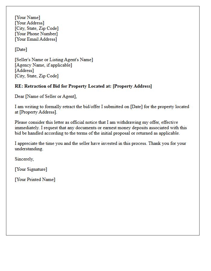 Letter of Retraction for Real Estate Bid
