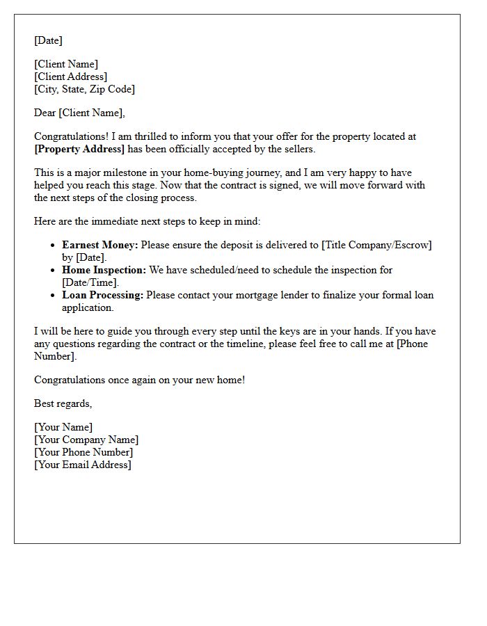 Congratulatory Letter on Your Accepted Real Estate Offer