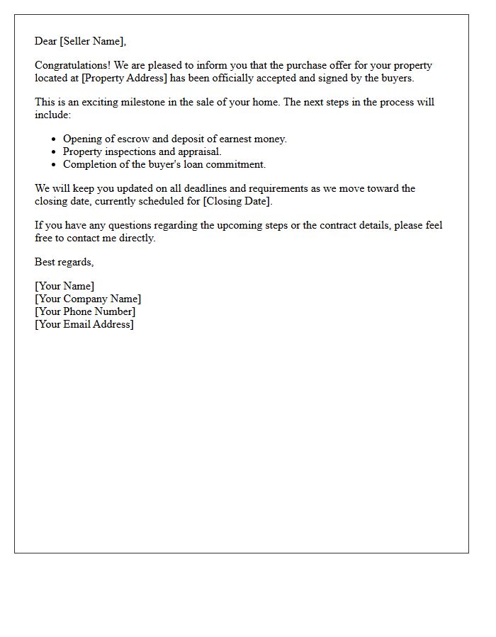 Seller Congratulations Letter on Accepted Purchase Offer