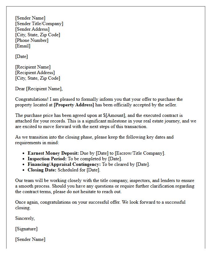 Formal Letter Congratulating You on Your Accepted Real Estate Offer