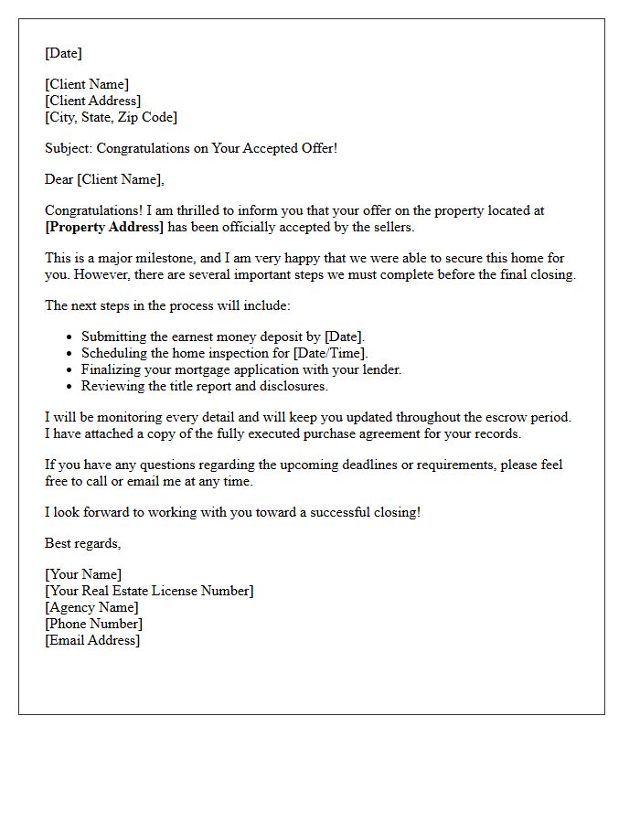 Real Estate Agent Letter of Congratulations on Accepted Offer