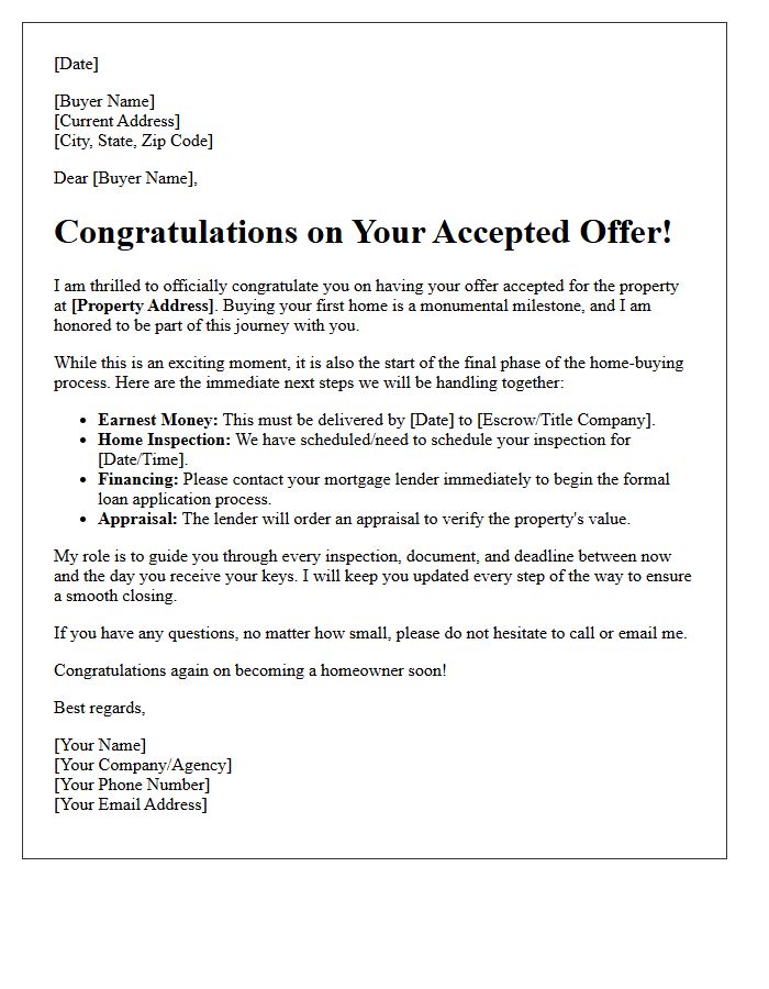 First-Time Homebuyer Congratulations Letter for Accepted Offer