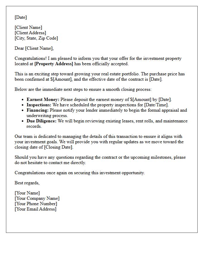 Investment Property Accepted Offer Congratulations Letter