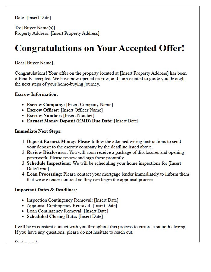 Escrow Opening Congratulations Letter for Accepted Offer