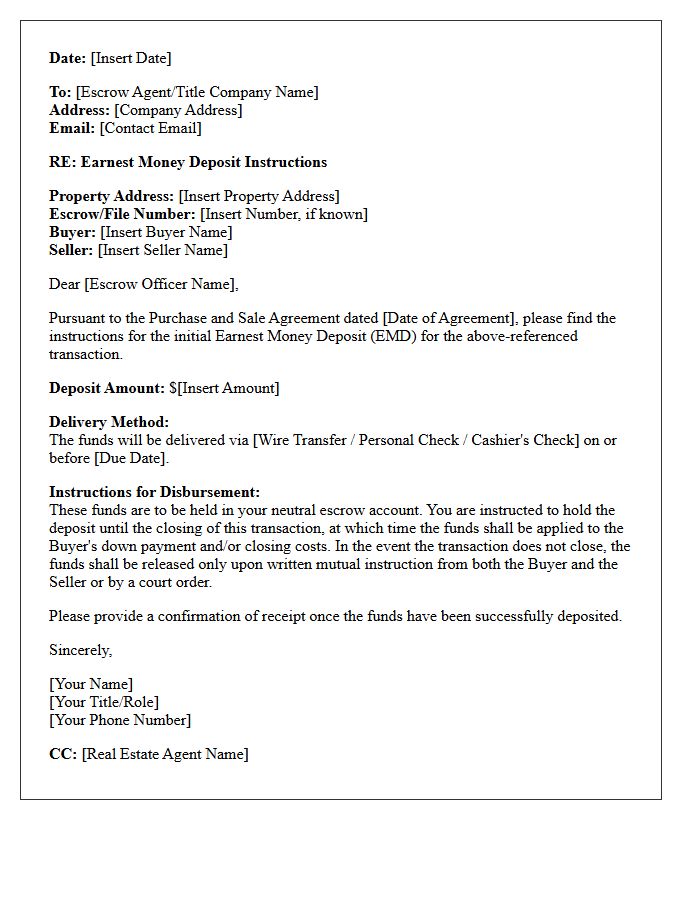 Initial Earnest Money Deposit Instruction Letter