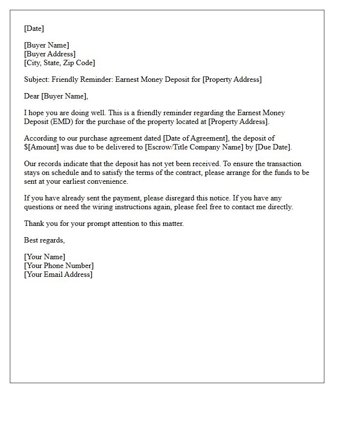 Friendly Earnest Money Deposit Reminder Letter