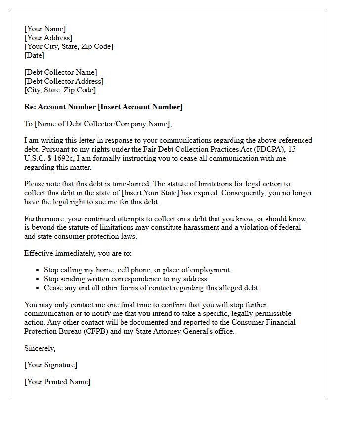 Time-Barred Debt Harassment Cease and Desist Letter