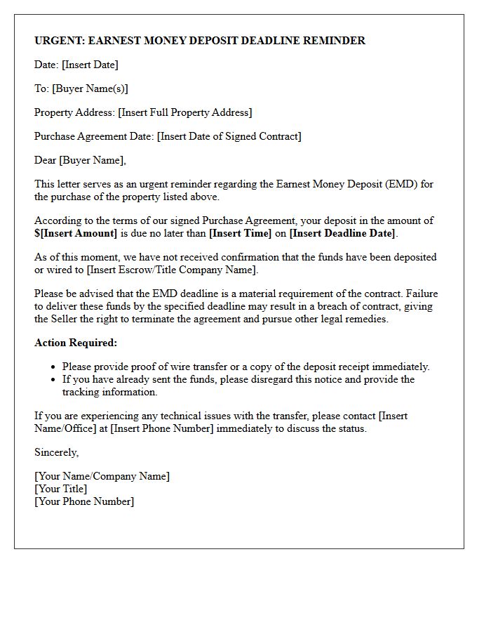 Urgent Earnest Money Deposit Deadline Reminder Letter