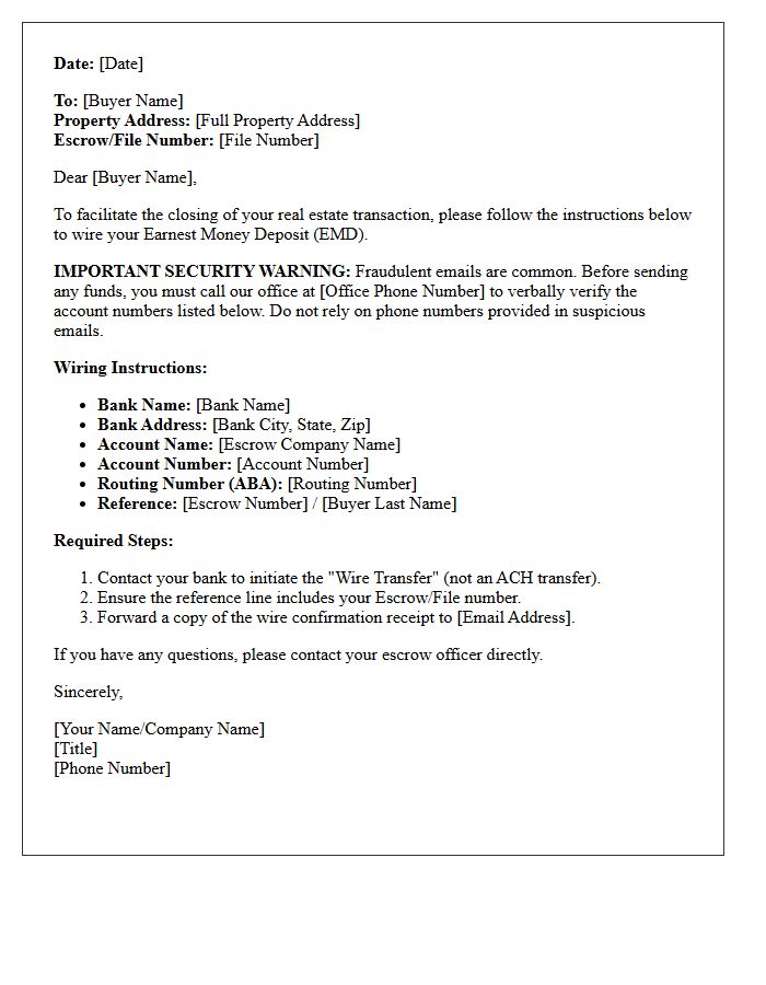 Secure Wire Transfer Earnest Money Instruction Letter