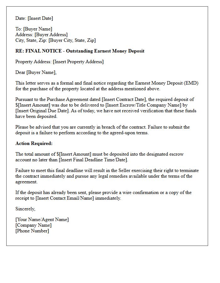 Final Notice Earnest Money Deposit Reminder Letter