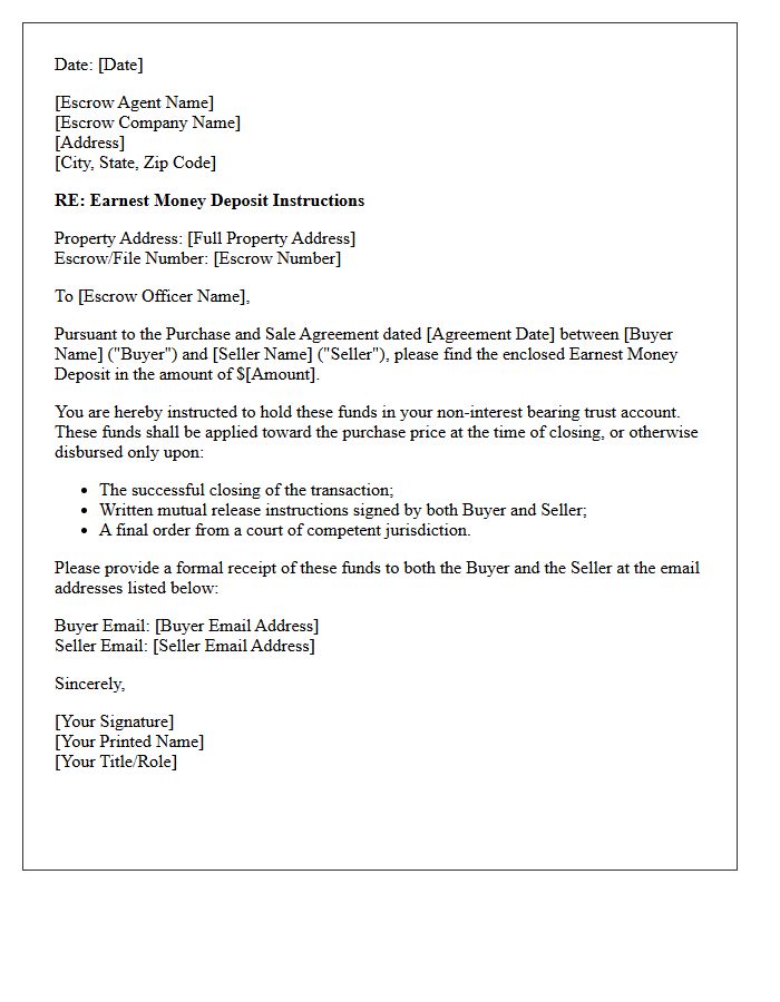 Escrow Account Earnest Money Deposit Instruction Letter