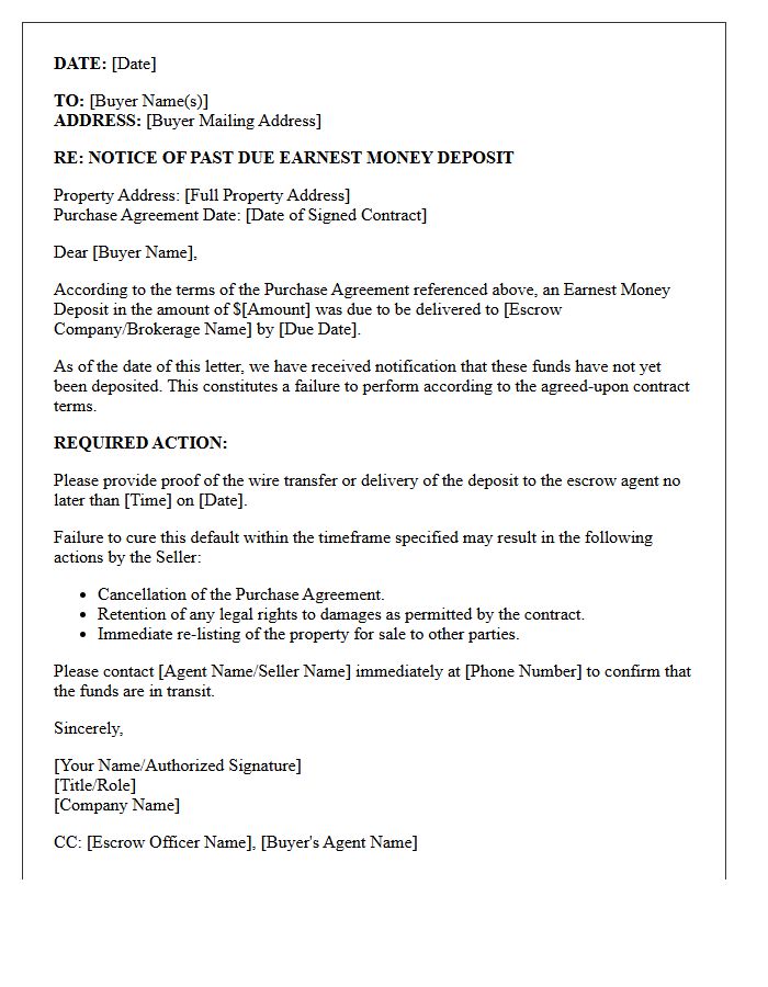 Past Due Earnest Money Deposit Action Letter