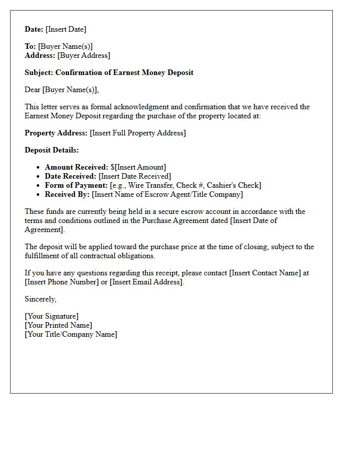 Earnest Money Deposit Confirmation Letter
