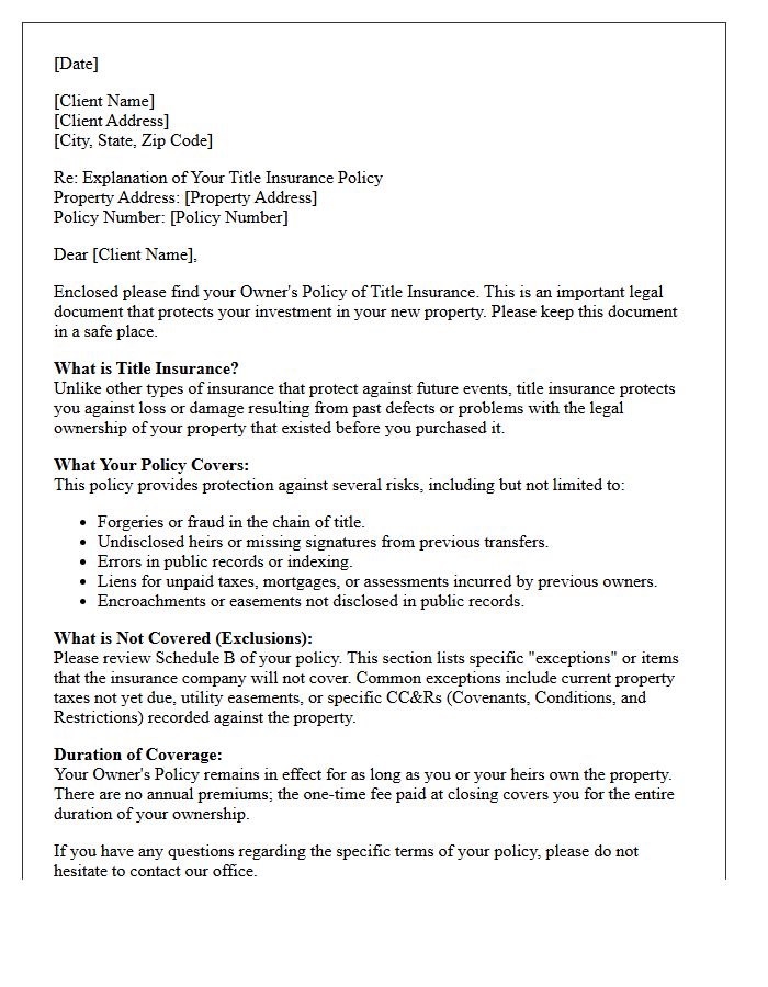 Title Insurance Policy Explanation Letter