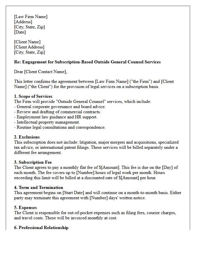 Subscription Based Outside General Counsel Engagement Letter