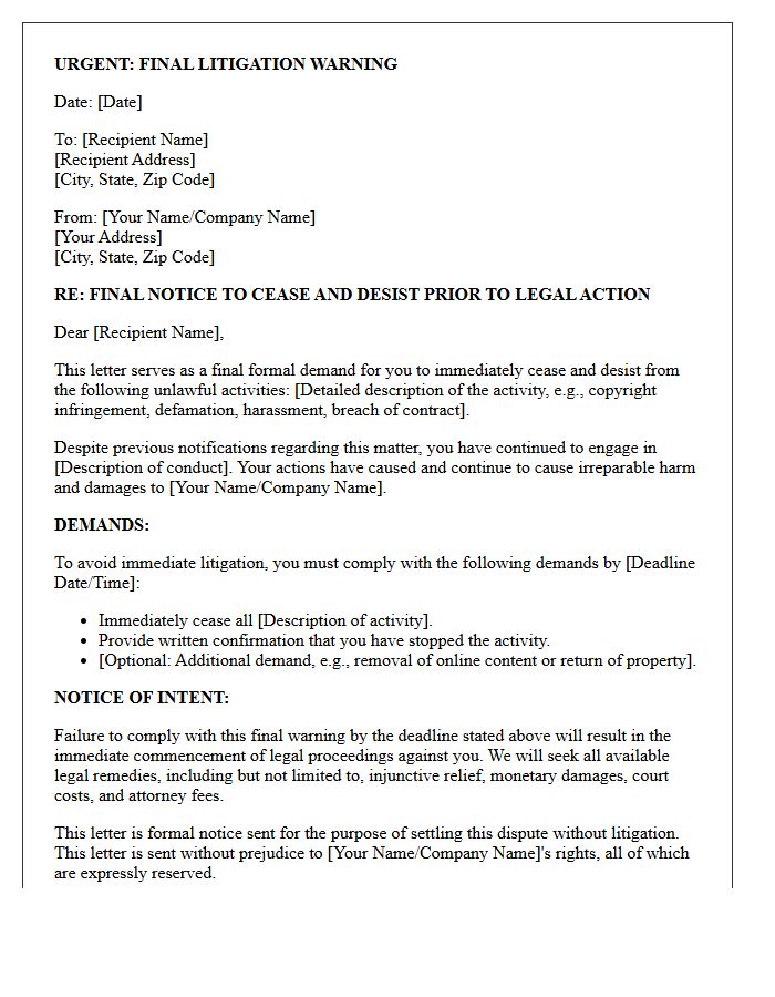 Final Litigation Warning Cease and Desist Letter