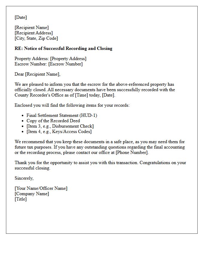 Successful Escrow Recording and Closing Letter