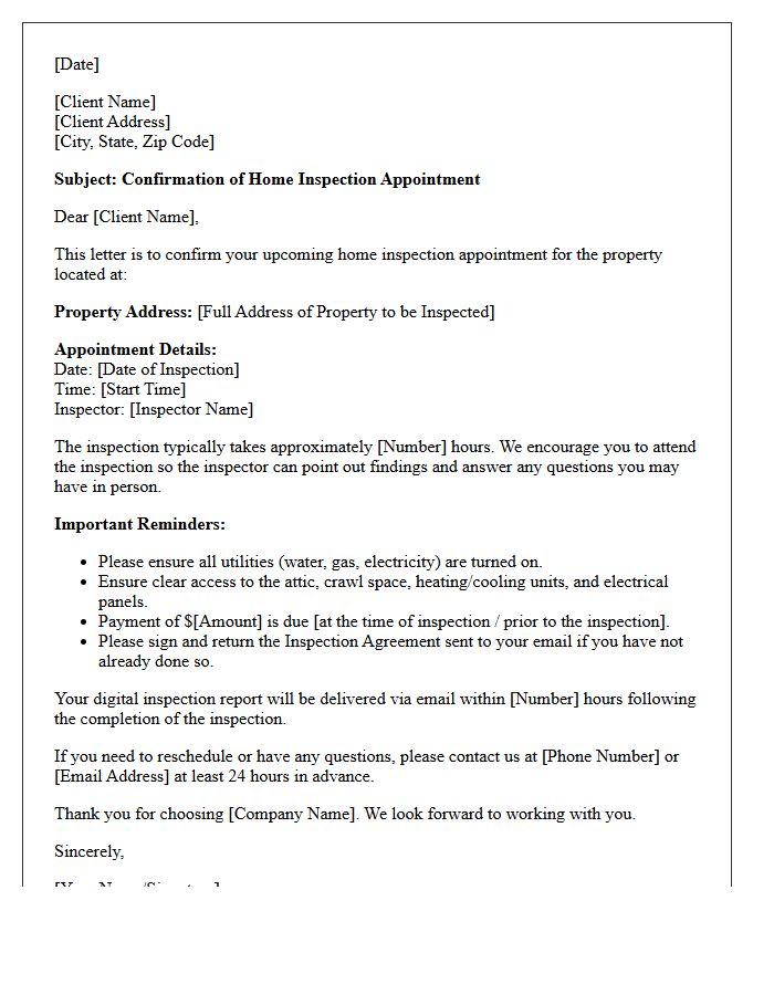 Home Inspection Appointment Confirmation Letter