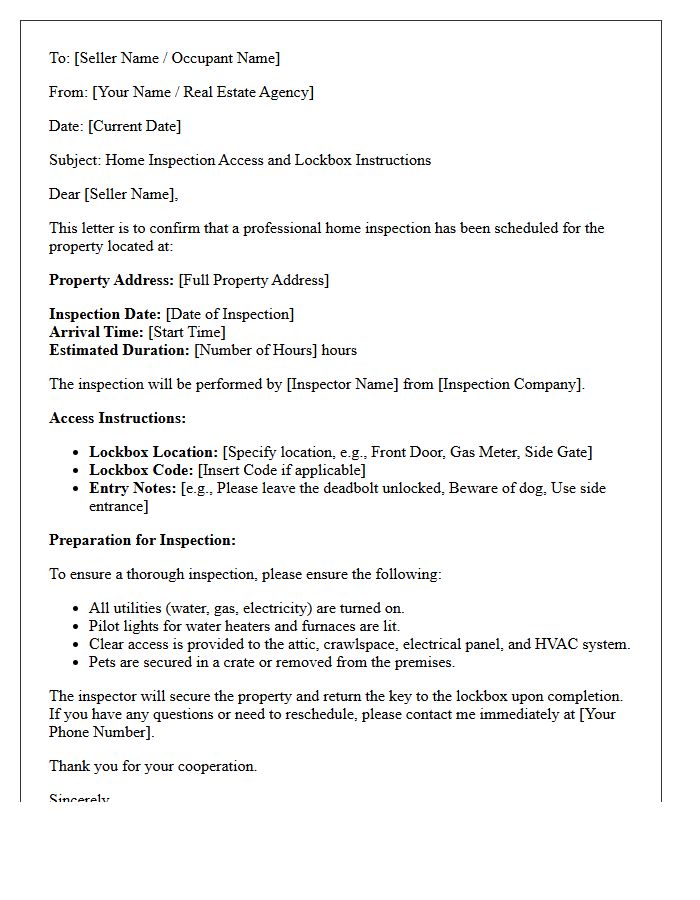 Home Inspection Access and Lockbox Instructions Letter