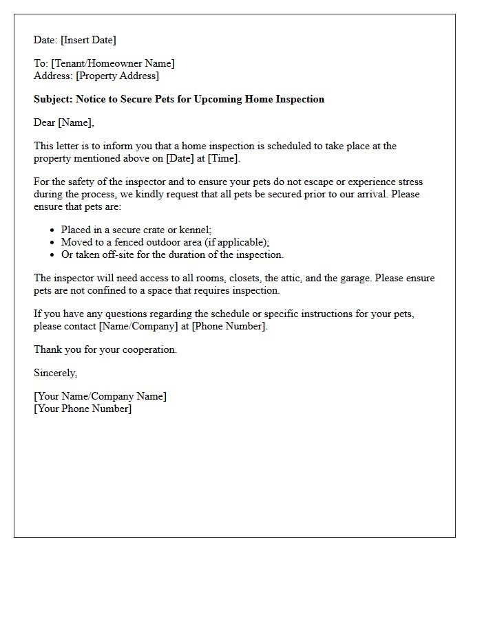 Securing Pets Prior to Home Inspection Letter