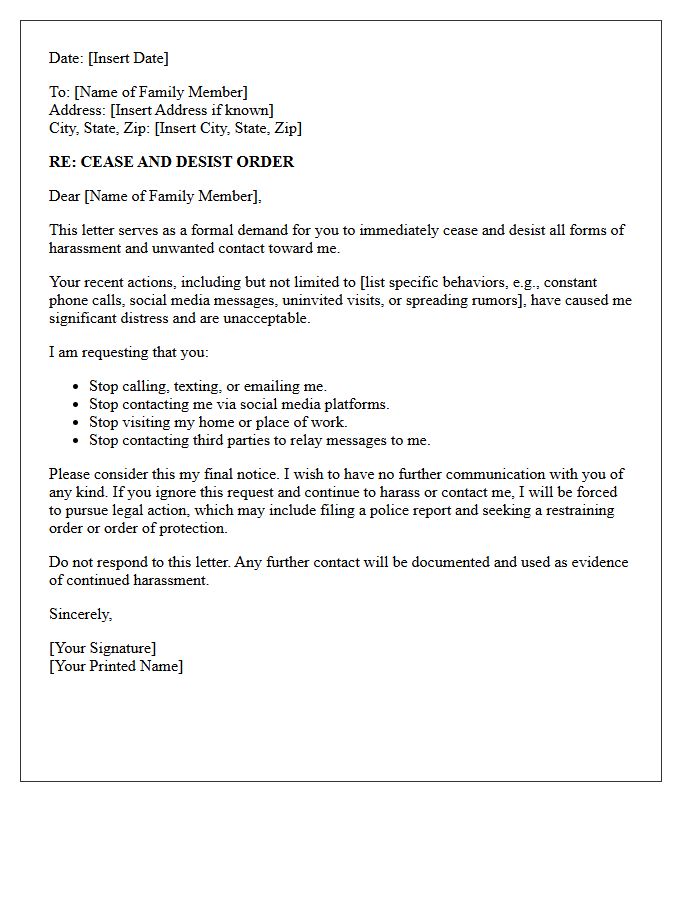 Family Member Harassment Cease and Desist Letter