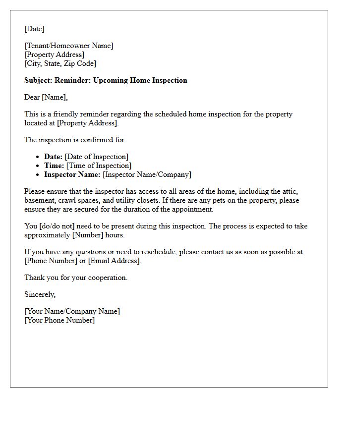 Upcoming Home Inspection Appointment Reminder Letter