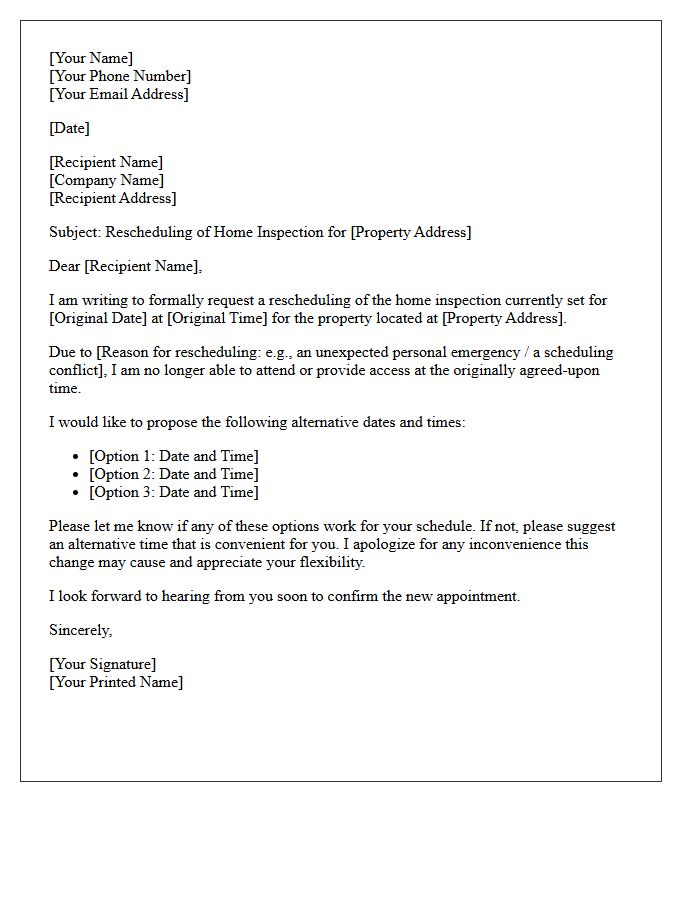 Home Inspection Rescheduling Request Letter