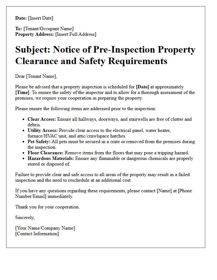Pre-Inspection Property Clearance and Safety Letter