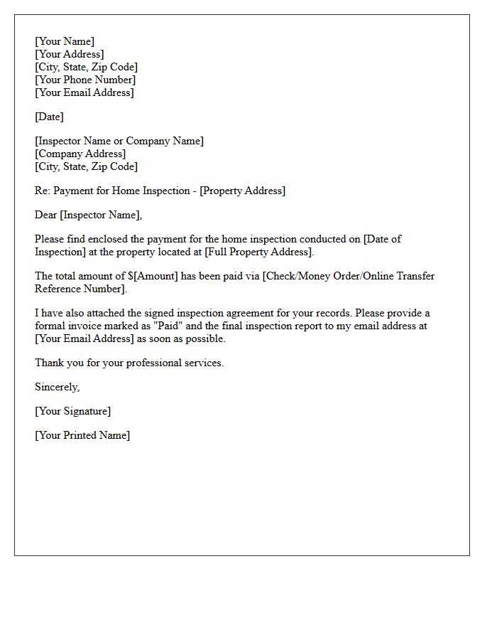 Home Inspection Payment and Invoice Submission Letter