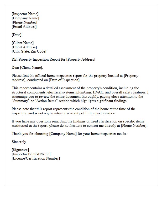 Official Home Inspection Report Delivery Letter