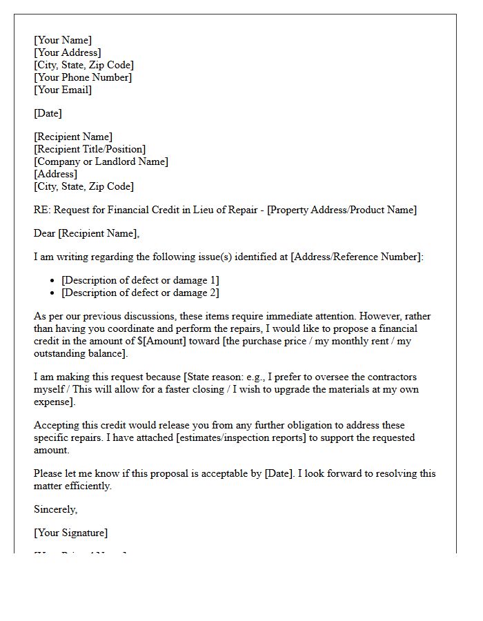 Financial Credit In Lieu Of Repair Request Letter