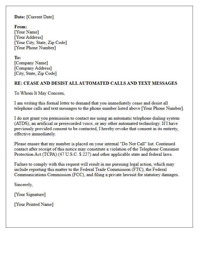 Automated Dialing and Robocall Cease and Desist Letter