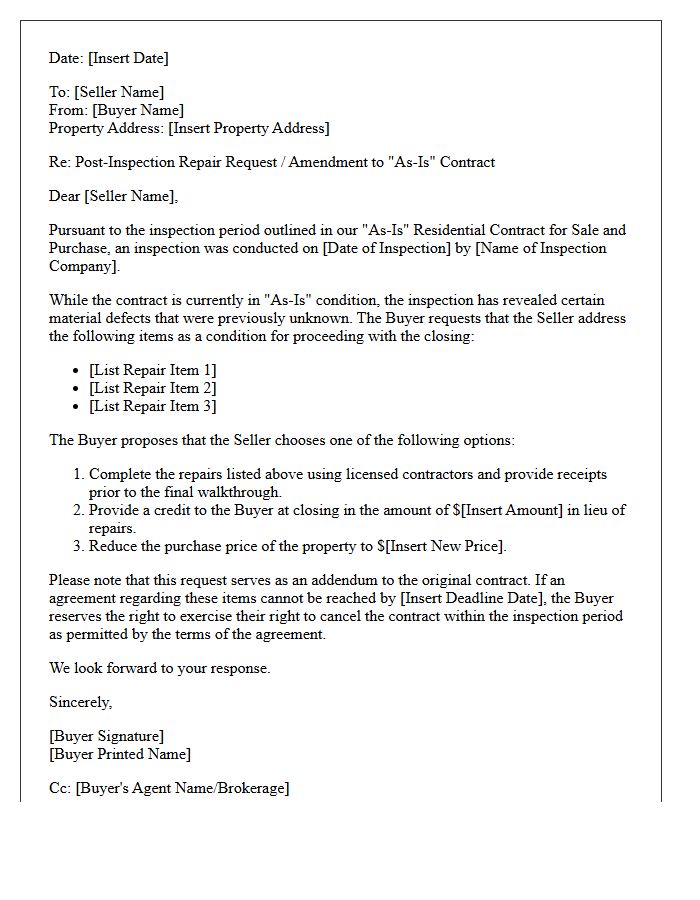 As-Is Contract Exception Post-Inspection Repair Letter