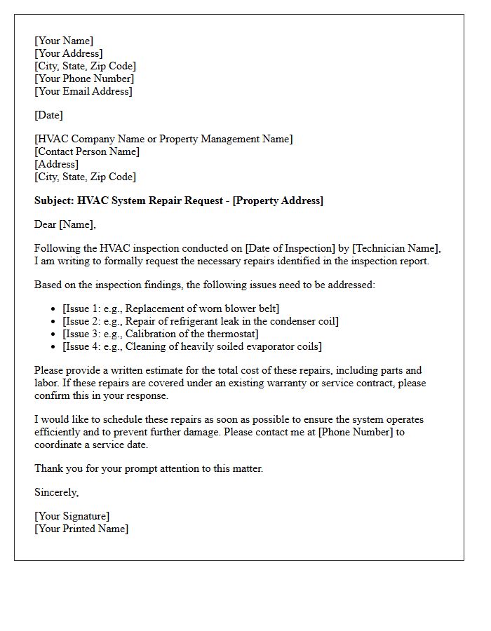 HVAC System Post-Inspection Repair Request Letter