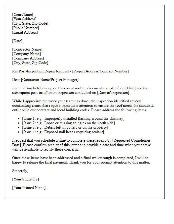Roof Replacement Post-Inspection Repair Request Letter